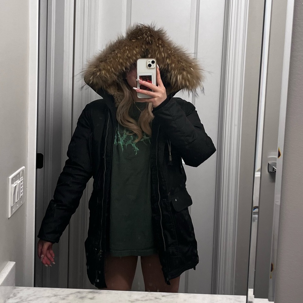 Black Parajumpers Kodiak Long Jacket in Size Medium